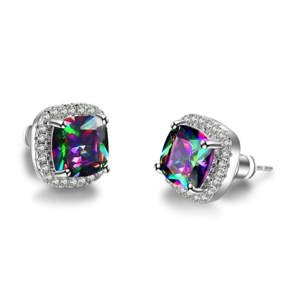 *Rainbow Mystic Topaz Diamond Halo Stud Earrings - Picture 5 of 5